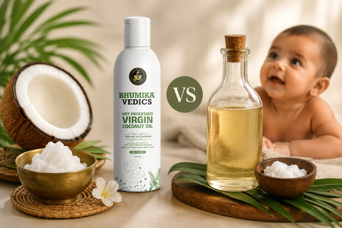 humika Vedics virgin coconut oil compared with cold-pressed coconut oil, with fresh coconuts and a baby in the background.