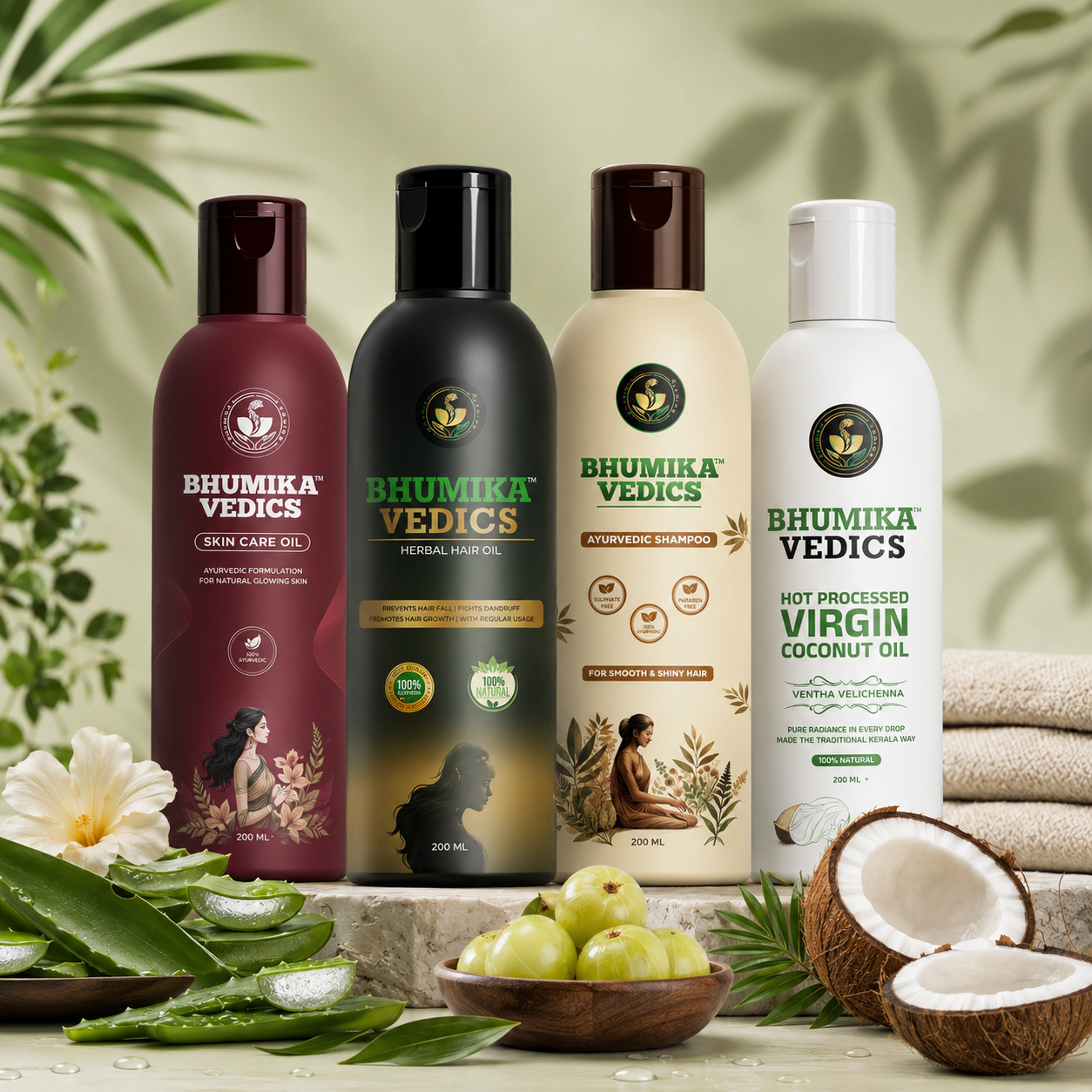 Herbal hair Oil + Ayurvedic Shampoo + Skin Care Oil + Virgin Coconut Oil (Combo)