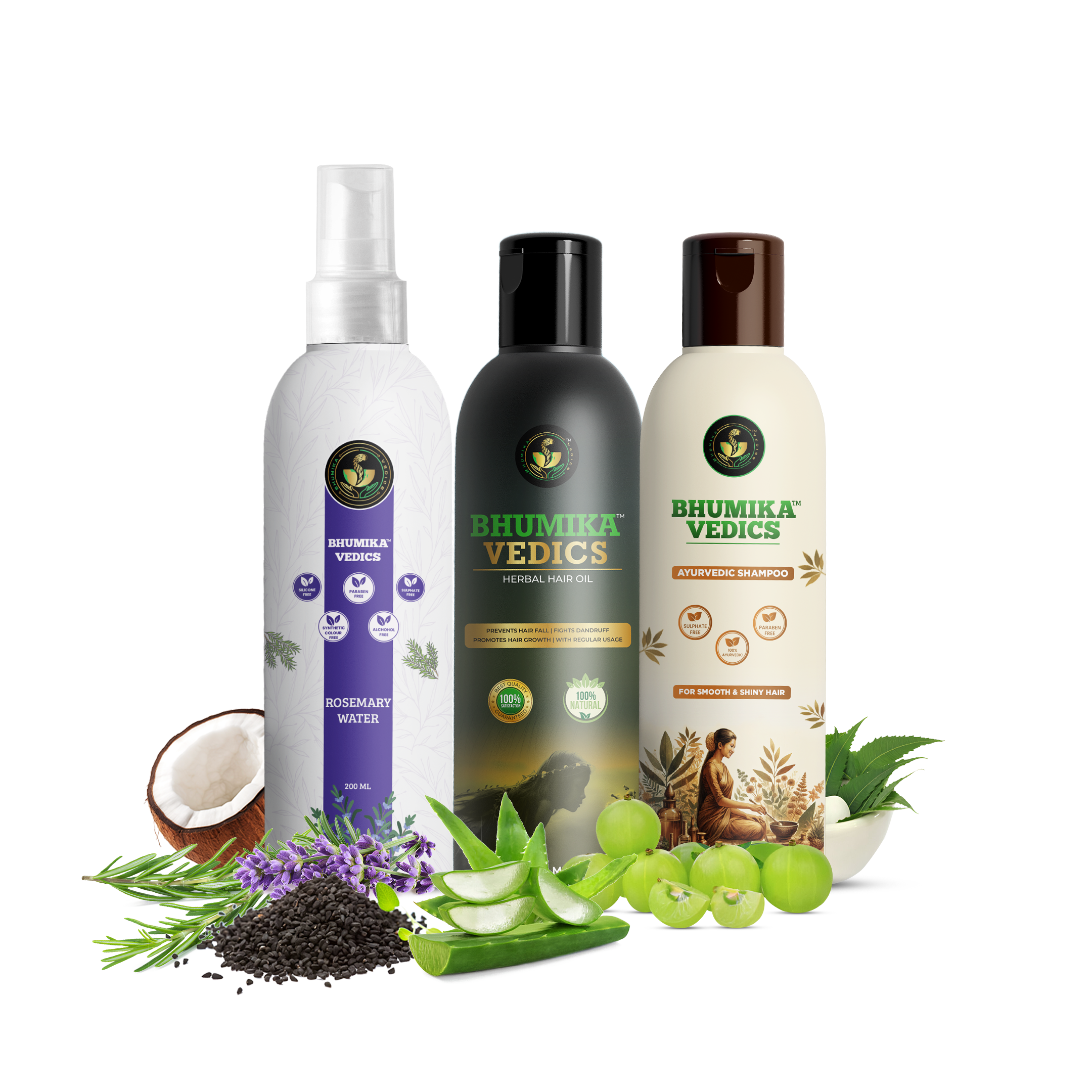 Herbal Hair Oil + Rosemary Water + Ayurvedic Shampoo (200 ml Each)