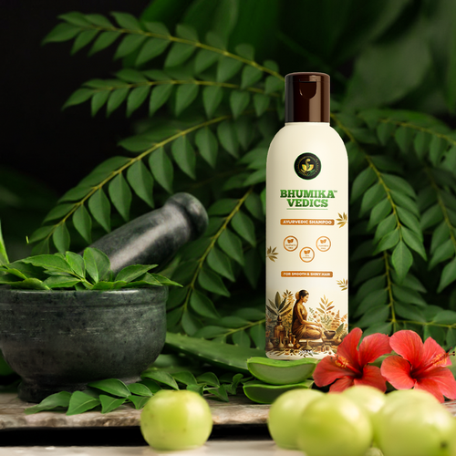Bhumika Vedics 200ml Ayurvedic Shampoo bottle with 18 herbal ingredients for hair growth
