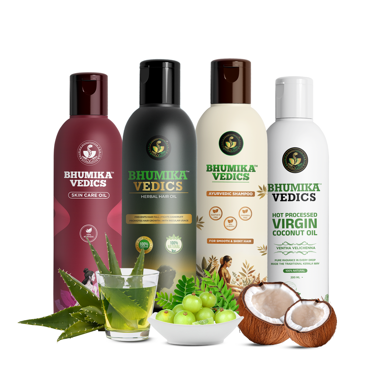 Bhumika Vedics Ayurvedic Combo Pack featuring Herbal Hair Oil, Sulfate-free Shampoo, Skin Care Oil, and Pure Virgin Coconut Oil for natural hair growth and glowing skin